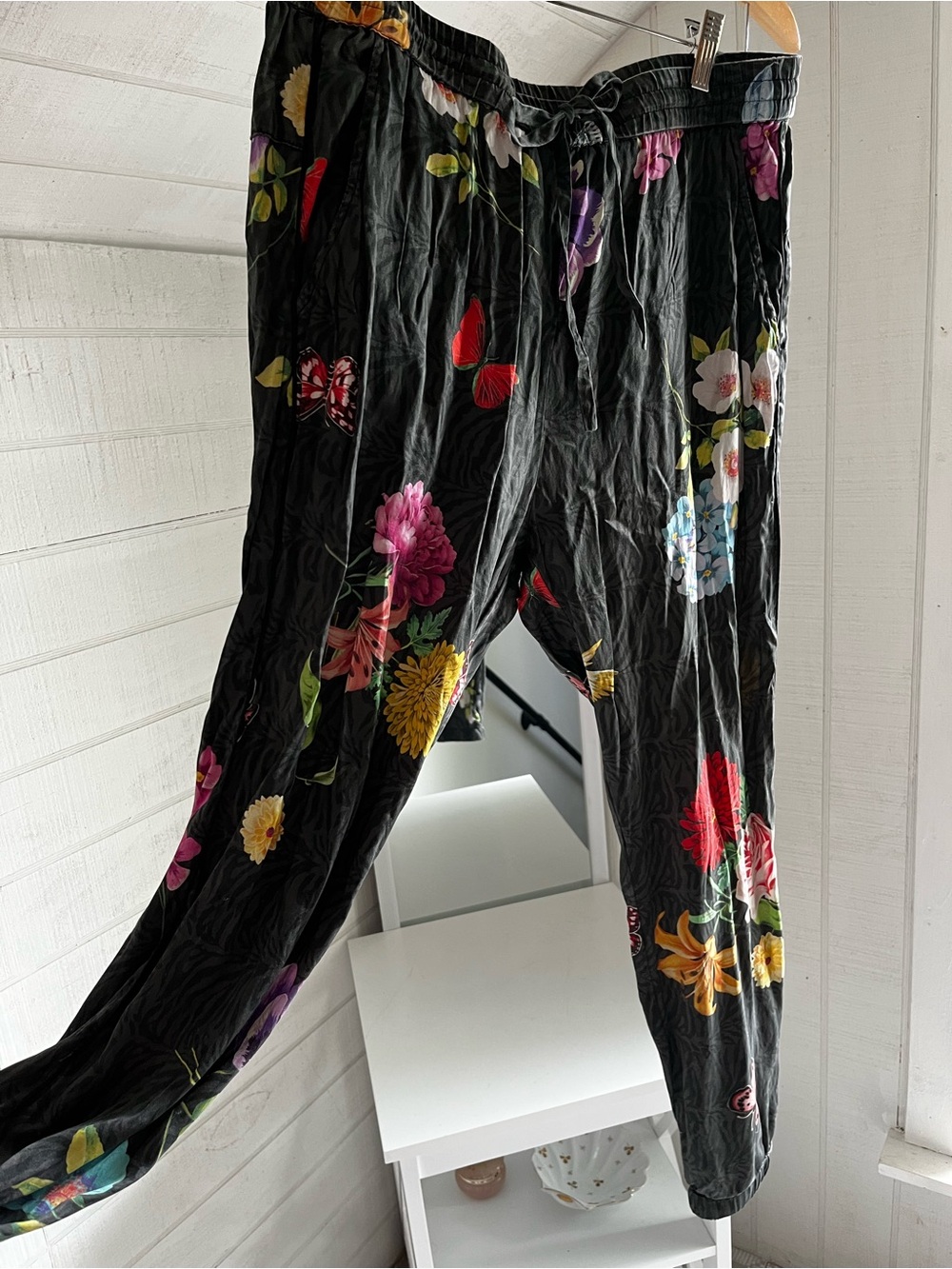 Johnny Was Black Floral Drawstring Joggers with Multicolor Blooms
